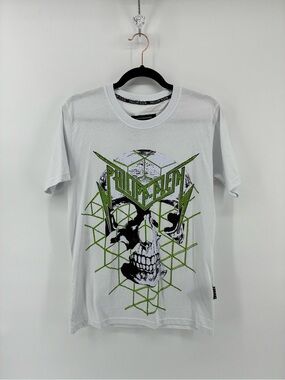 Philipp Plein White Short-Sleeve Tee with Black Skull and Neon Green Graphic